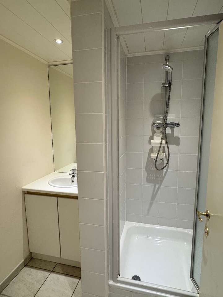 Salle de bain moderne avec douche et lavabo dans l’appartement Charm 202 à La Panne, en location saisonnière
